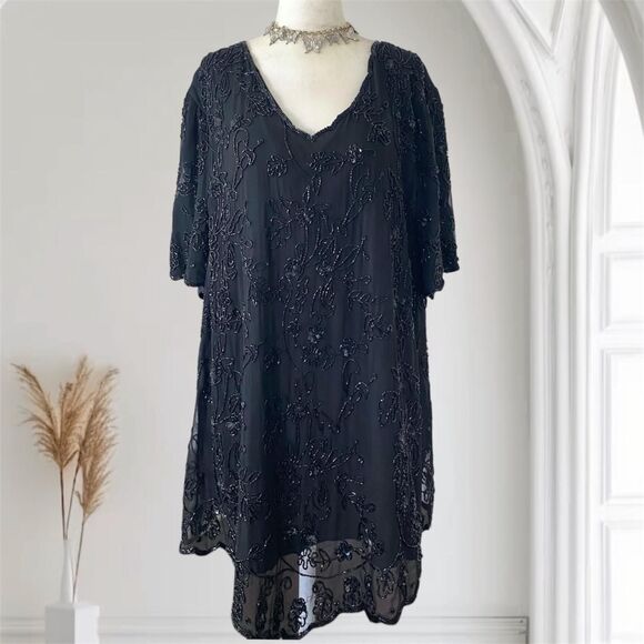 Whimsygoth Plus Size Black Long Silk Beaded Tunic Blouse Top 22 W - Picture 1 of 7